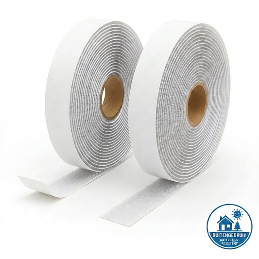 Klittenband Zelfklevend voor Buiten - Acryl 16mm op rol - Wit - Haak + Lus